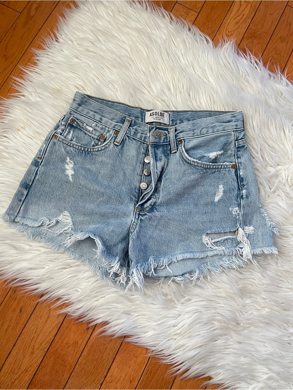 AGOLDE Parker Vintage Cutoff Shorts Light Wash Distressed Button Fly Size 24